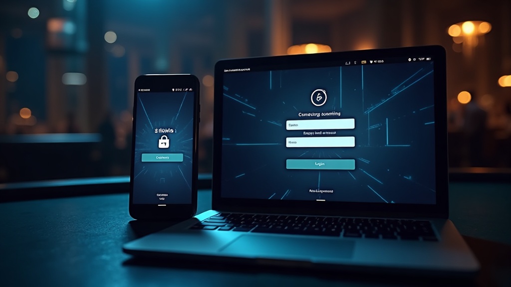 Laptop e smartphone con accesso sicuro in un contesto casino scuro