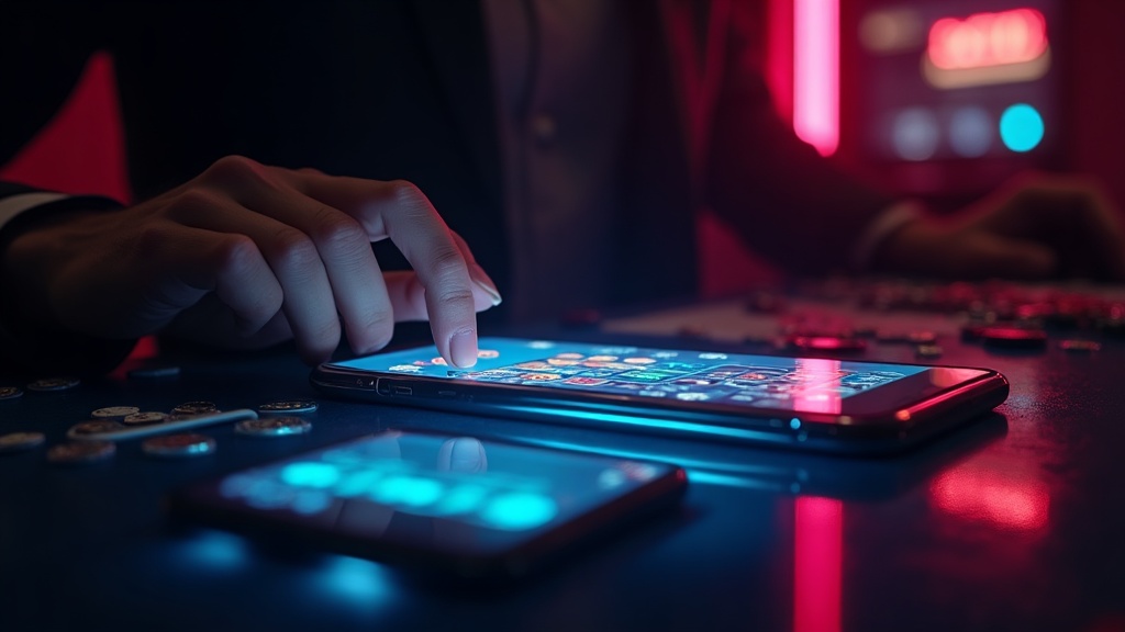 Smartphone con interfaccia casino su sfondo scuro e luci neon