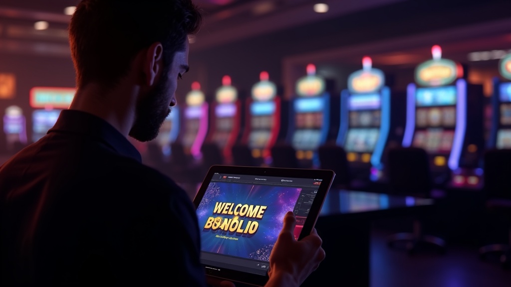 Giocatore davanti a uno schermo con bonus benvenuto in un casinò illuminato