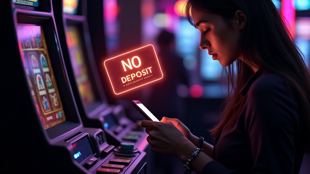 Schermata di bonus senza deposito accanto a una slot in un ambiente scuro