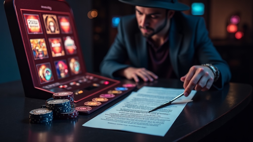 Persona che controlla i termini di un bonus in un casinò illuminato al buio